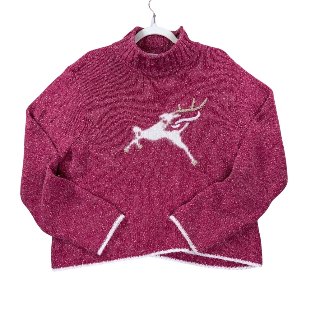 Villager Liz Claiborne Sweater Women Large Pink Reindeer Holiday Christmas Knit